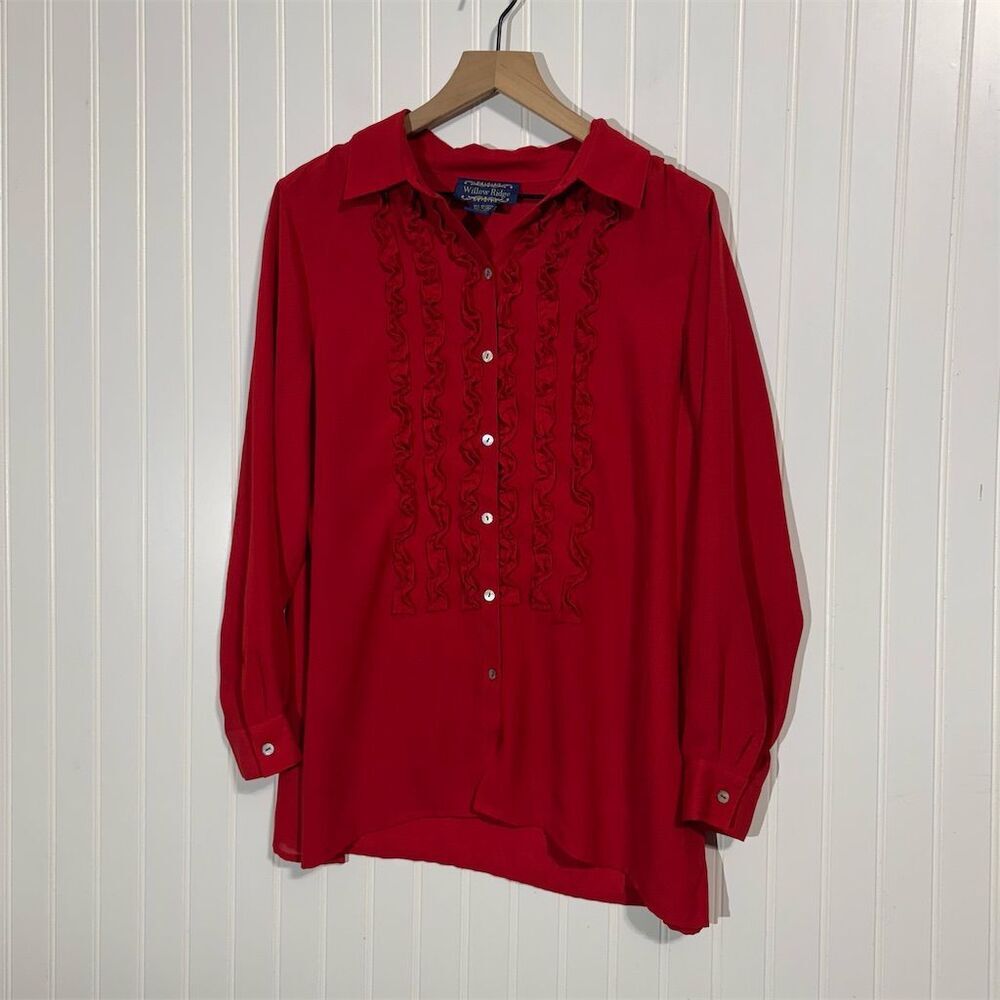 Willow Ridge Red Ruffle Front Blouse LP Long Sleeve Button Down Retro Western